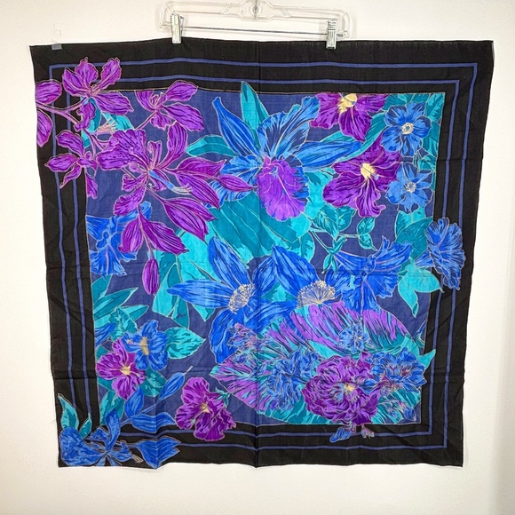 Vintage Thai Raw Slub Weave Silk Scarf Blue Purple Green Floral Gold Accents - Picture 1 of 9